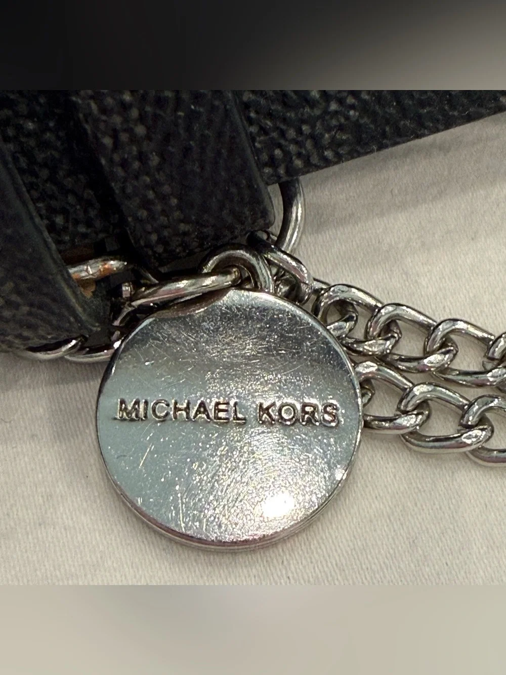 Michael Kors Black Textured Leather Belt with Round Silver Buckle